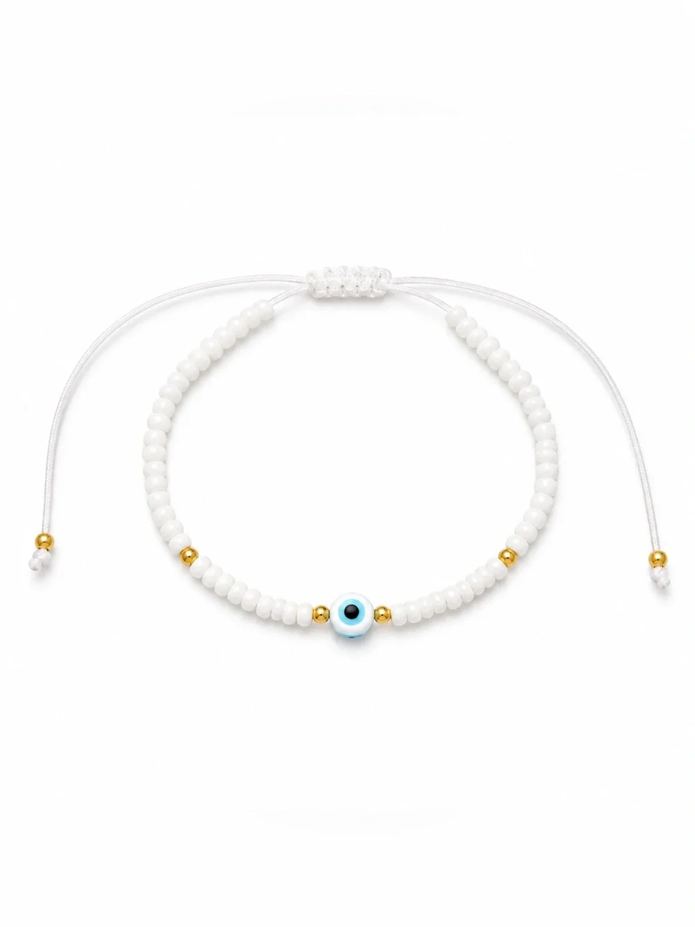 🧿⚪️White Beaded Evil Eye Bracelet with Gold Accents⚪️🌟